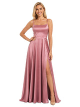 ChicSew Elegant Square Neck Spaghetti Straps Side Slit Flowy A-Line Floor-Length Satin Bridesmaid Dresses