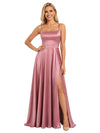 ChicSew Elegant Square Neck Spaghetti Straps Side Slit Flowy A-Line Floor-Length Satin Bridesmaid Dresses