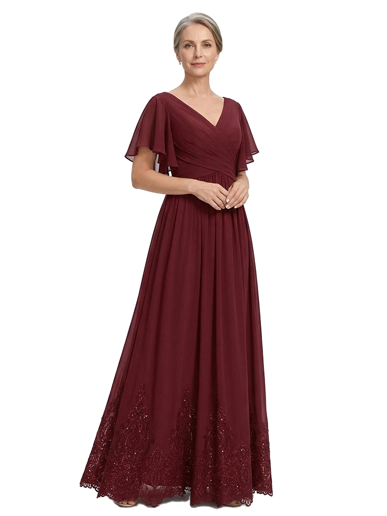 ChicSew V-Neck Short Flutter Sleeve Ruched Bodice Lace Hem Floor Length Chiffon Modern Mother of the Bride Dresses