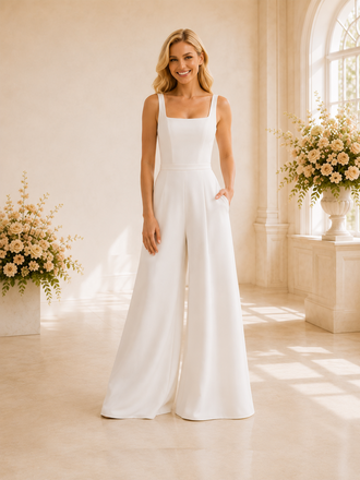 ChicSew Modern Square Neckline Sleeveless Crepe Long Wedding Jumpsuit With Pocket