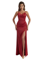 Elegant Mermaid Ruched Satin Long Bridesmaid Dresses Side Split Spaghetti Straps