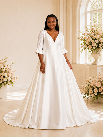 ChicSew Classy A-Line V-Neck Satin Maxi Half Sleeves Long Wedding Dress