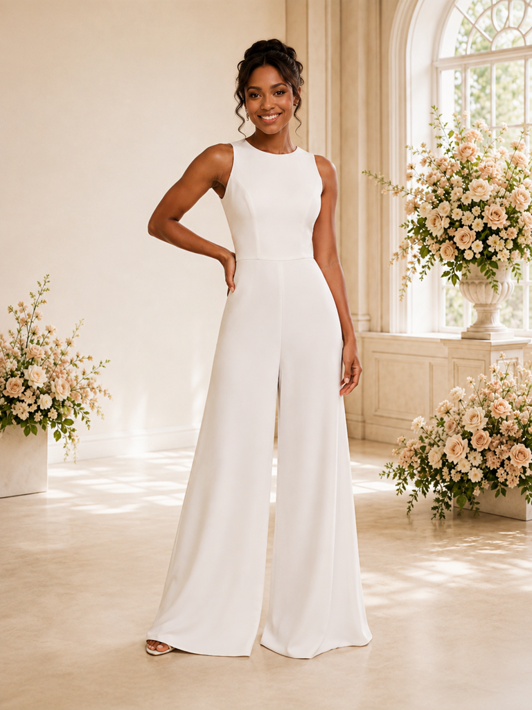 ChicSew Modern Jewel Sleeveless Crepe Floor-Length Wedding Jumpsuit