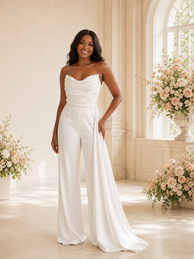 ChicSew Modern Strapless Ruching Satin Floor-Length Wedding Jumpsuit