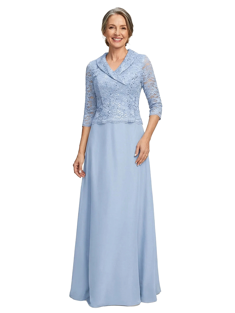 ChicSew V-Neck Long Sleeve Lace Beaded Floor Length Chiffon Elegant Mother of the Bride Dresses