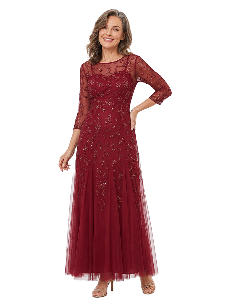 ChicSew Beautiful Sequin Lace Mother Of The Groom Gown 3/4 Sleeve Illusion Neckline
