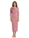 Chicsew Mother of The Groom Dress Unique Jewel 3/4 Sleeve Crepe Sheath Midi Gown Flower Accent