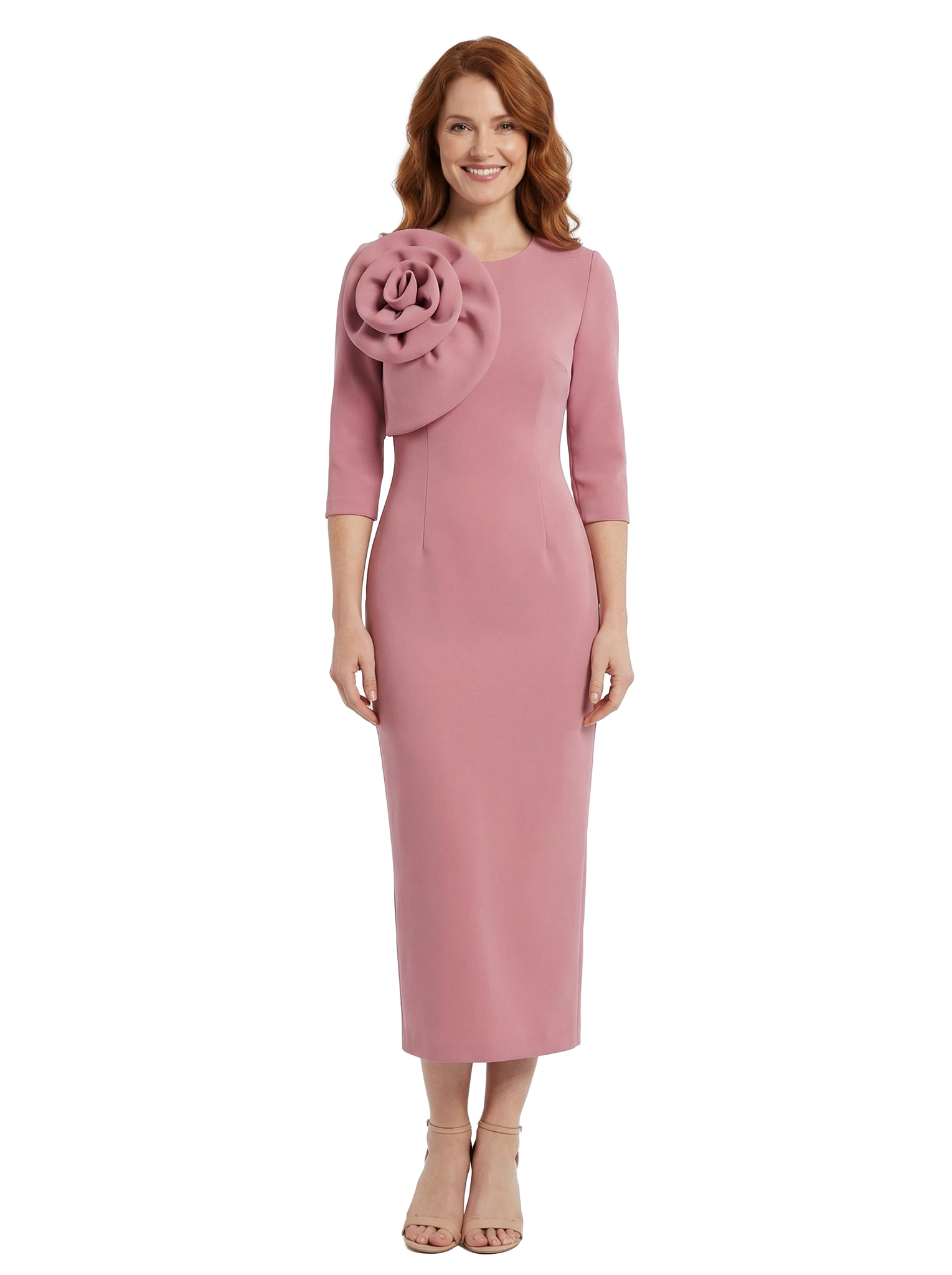 Chicsew Mother of The Groom Dress Unique Jewel 3/4 Sleeve Crepe Sheath Midi Gown Flower Accent