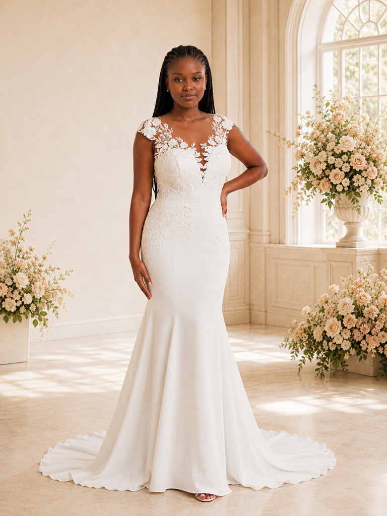 ChicSew Elegant V-Neck Lace Applique Crepe Mermaid Maxi Long Wedding Dress