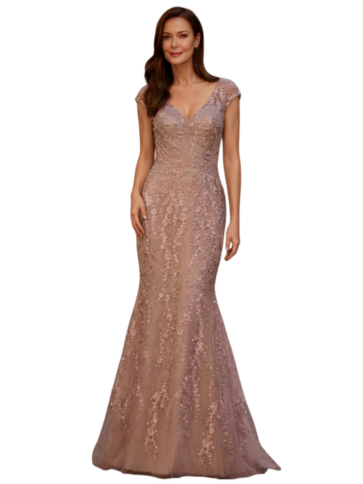Elegant V-Neck Cap Sleeves Lace And Tulle Mermaid Long Mother of The Bride Dresses
