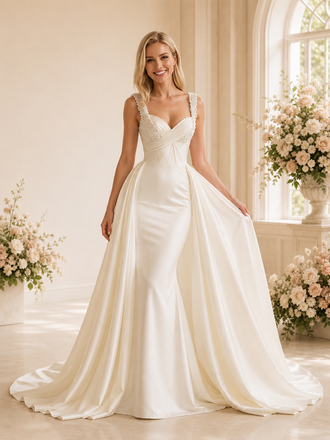 ChicSew Classic V-Neck Ruching Satin Mermaid Beaded Floor-Length Wedding Dresses With Overskirt
