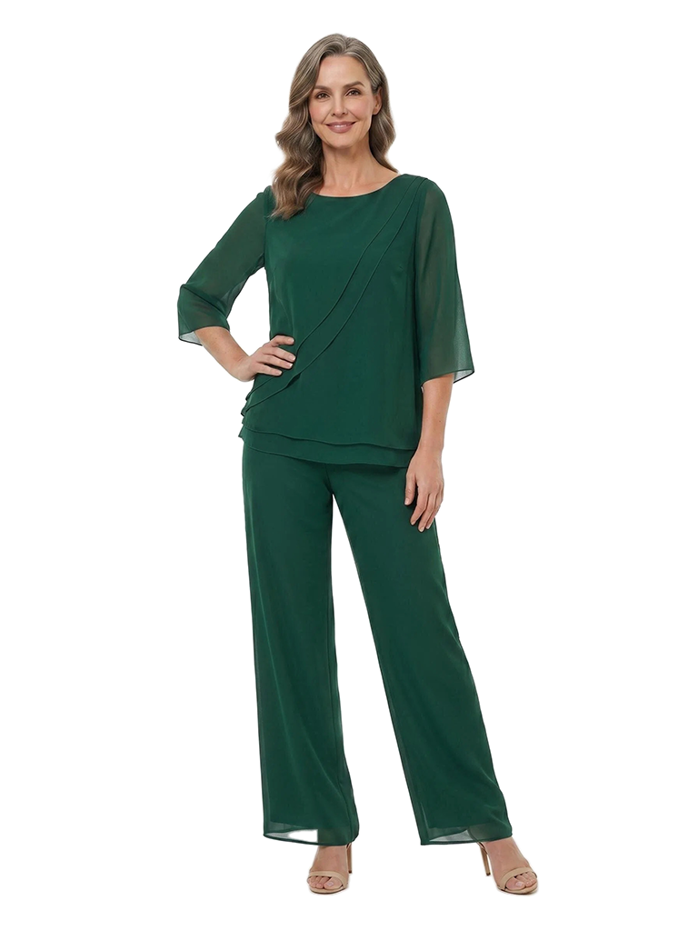 ChicSew Scoop 3/4 Sleeve Chiffon Two-Piece Mother of the Bride Pant Suit