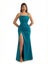 Elegant Spaghetti Straps Silky Satin Mermaid Long Evening Gown Dresses For Women