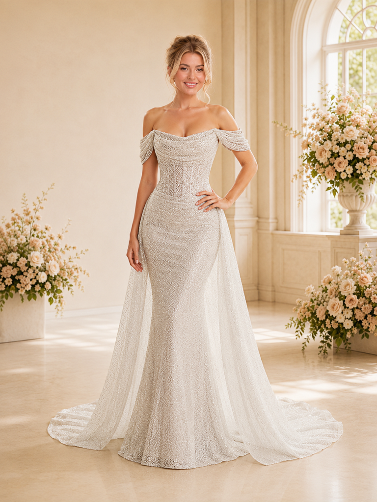 Chicsew Fancy Off The Shoulder Boning Mermaid Sleeveless Sequin Wedding Dress