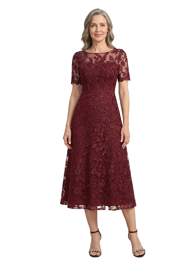 ChicSew Classy Lace A-Line Midi Mother Of The Bride Dress With Short Sleeves Illusion Neckline