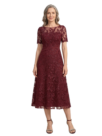 ChicSew Classy Lace A-Line Midi Mother Of The Bride Dress With Short Sleeves Illusion Neckline