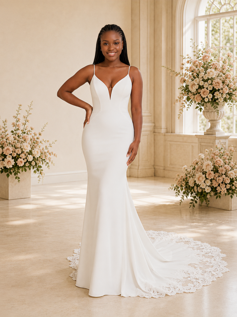 ChicSew Sexy Spaghetti Straps Mermaid Crepe Floor-Length Wedding Dress With Applique