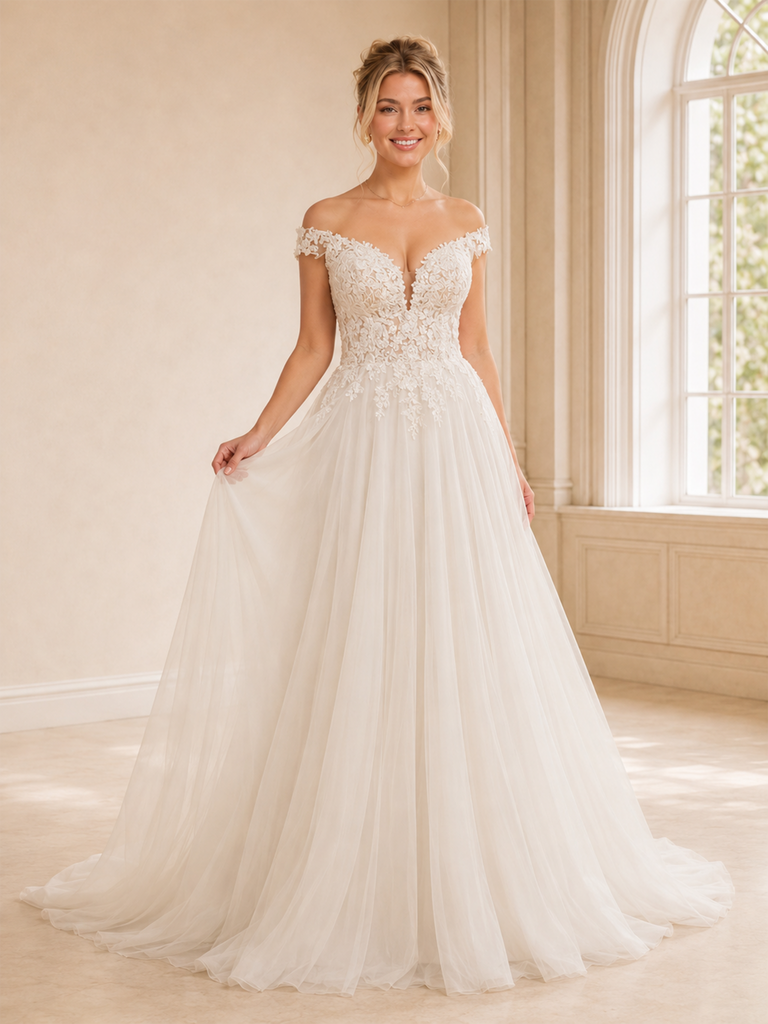 ChicSew Elegant Off The Shoulder V-Neck A-Line Floor-Length Lace Tulle Wedding Dresses