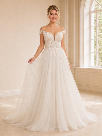 ChicSew Elegant Off The Shoulder V-Neck A-Line Floor-Length Lace Tulle Wedding Dresses
