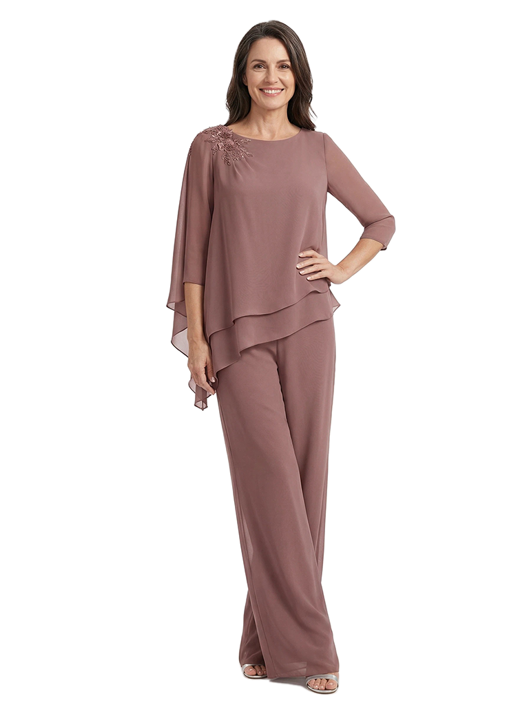 ChicSew Round Neck Chiffon Long Sleeves Mother of The Bride Two Piece Pantsuit