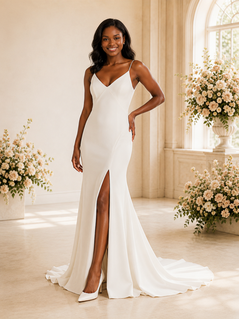 ChicSew Simple Spaghetti Straps V-Neck Side Slit Crepe Mermaid Long Wedding Dress