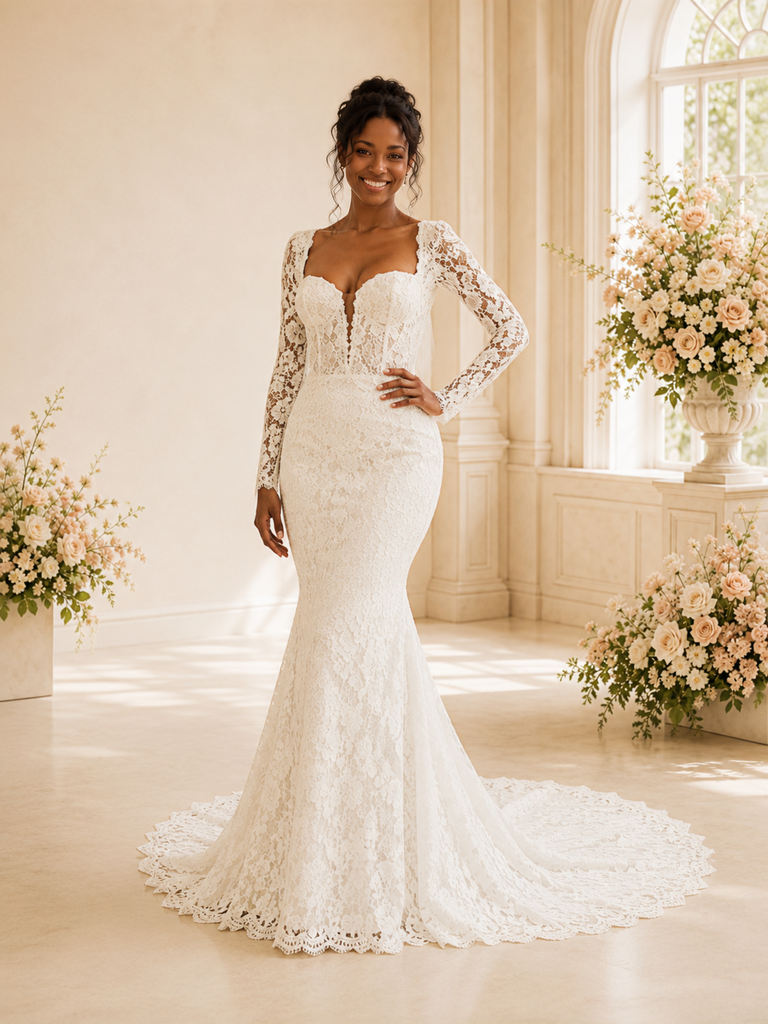 ChicSew Romantic Long Sleeves Mermaid Tulle Lace Appliques Maxi Wedding Dress