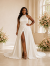 ChicSew Modern Satin High Neck Rhinestone A-Line Maxi Wedding Dress With Slit