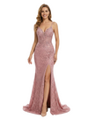ChicSew Spaghetti Straps V-Neck Corset Sequin Side Slit Prom Dress Lace Mermaid Formal Evening Gown