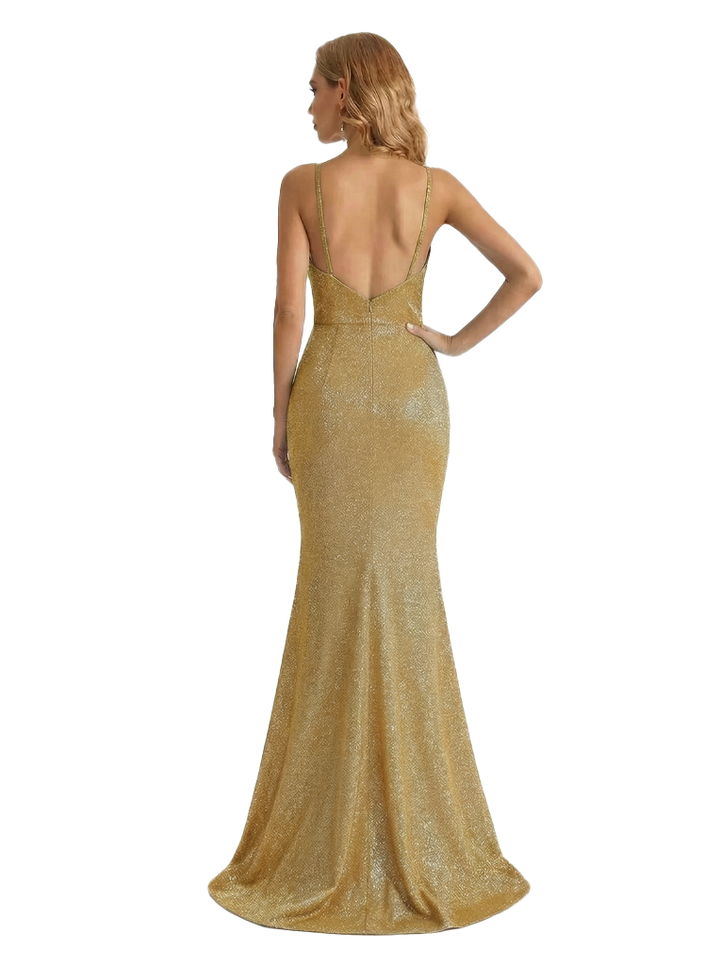Shiny Spaghetti Straps Mermaid Glitter Jersey Side Slit Maxi Formal Dresses For Women