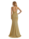 Shiny Spaghetti Straps Mermaid Glitter Jersey Side Slit Maxi Formal Dresses For Women