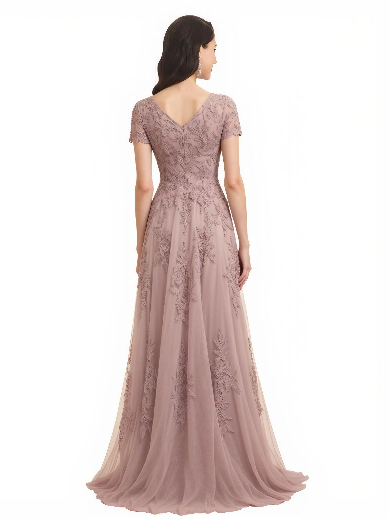 Women's Lace A-Line Short Sleeves Lace Long Mother of The Bride and Groom Dresses