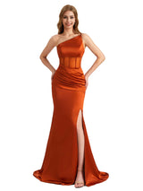Sexy Stretch Satin One Shoulder Boning Side Split Mermaid Long Bridesmaid Dresses