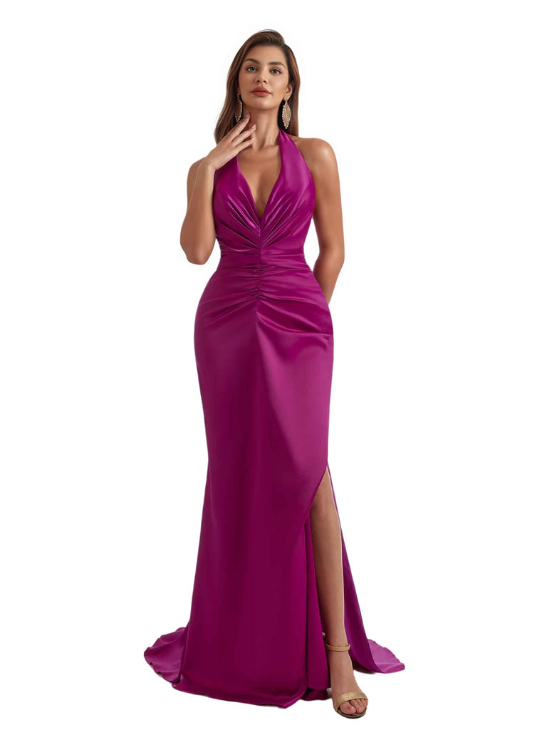 Sexy Halter Mermaid Ruched Satin Modern Long Bridesmaid Dresses V-neck Side Split