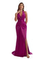 Sexy Halter Mermaid Ruched Satin Modern Long Bridesmaid Dresses V-neck Side Split