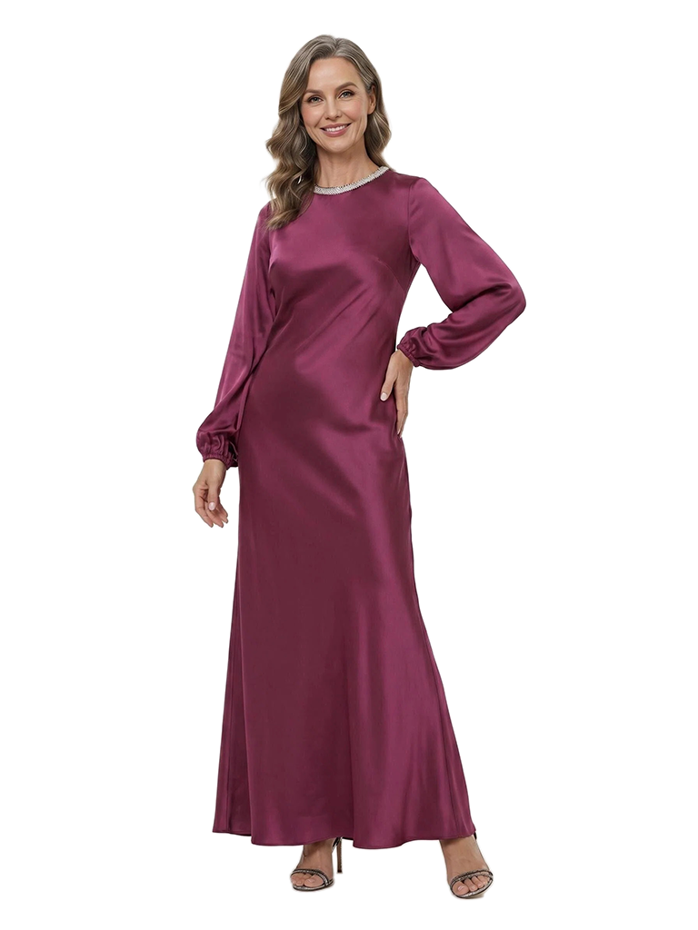 ChicSew Jewel Beaded Long Sleeve Satin Sheath Ankle-Length Mother of the Bride Dress