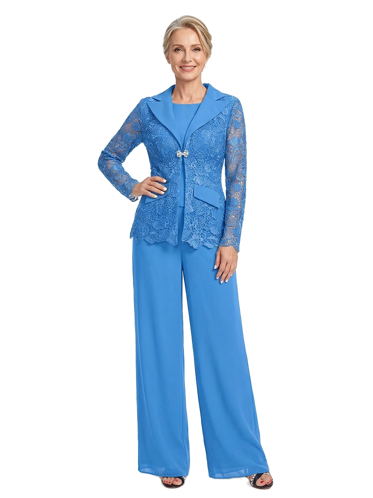 ChicSew Notched Lapel Lace Blazer Matching Wide Leg Pant Suit Formal Mother Of The Bride And Groom Outfits