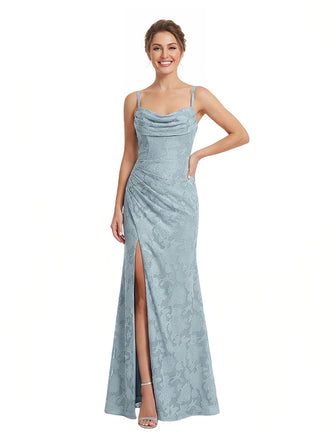 Elegant Cowl Spaghetti Straps Side Slit Floral Burnout Chiffon Mermaid Formal Evening Dresses