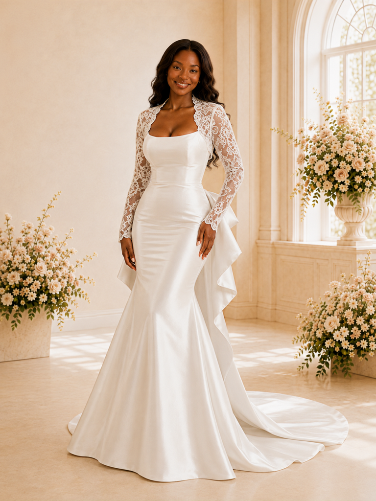 ChicSew Elegant Long Lace Sleeves Bow Knot Satin Mermaid Maxi Wedding Dress