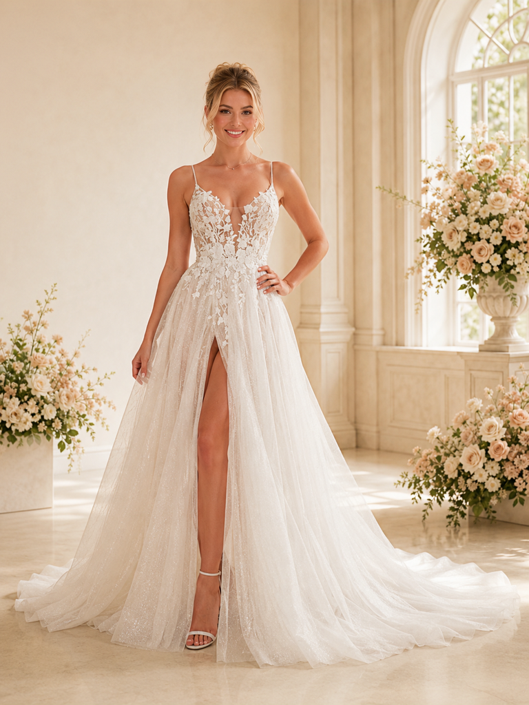 ChicSew Glam Spaghetti Straps A-Line Sleeveless Lace Glitter Tulle Long Wedding Dresses