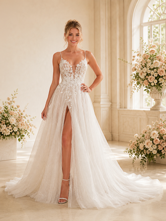 ChicSew Glam Spaghetti Straps A-Line Sleeveless Lace Glitter Tulle Long Wedding Dresses