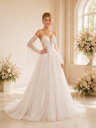 ChicSew Elegant Spaghetti Straps Long Sleeve Glitter Tulle  Lace A-Line Long Wedding Dress