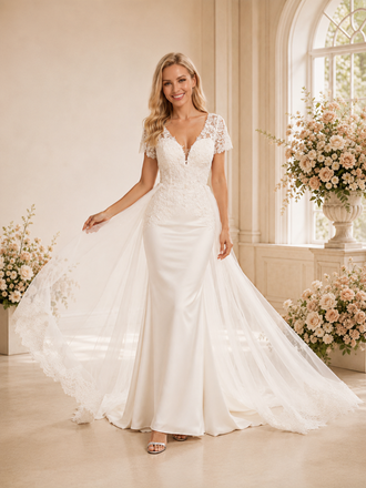 ChicSew Beautiful V-Neck Mermaid Short Sleeves Satin Long Wedding Dresses Online