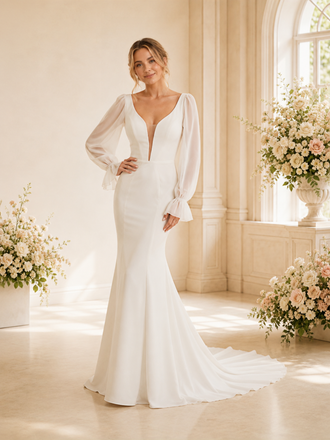 ChicSew Sexy Mermaid Crepe Deep V-Neck Long Tulle Sleeves Floor-Length Wedding Dress