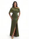 Women's Asymmetrical Mermaid Soft Satin Long Formal Dresses Side Slit