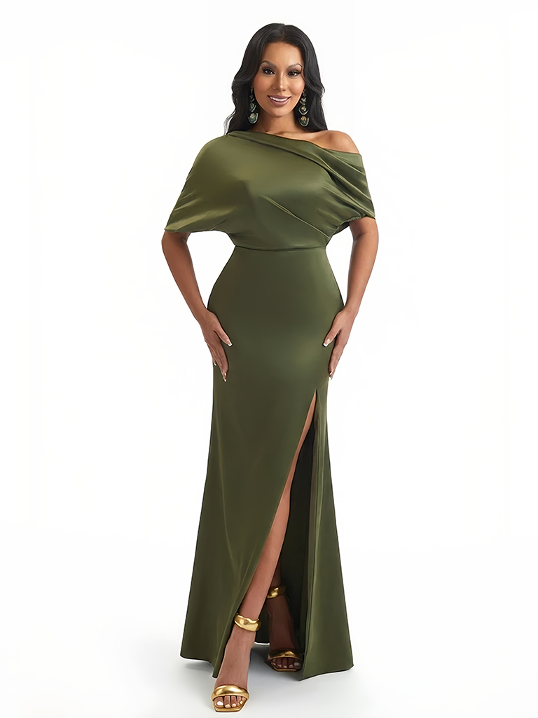 Women's Asymmetrical Mermaid Soft Satin Long Formal Dresses Side Slit