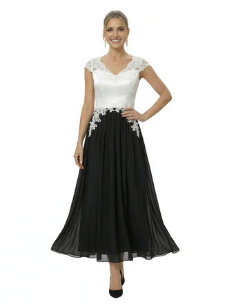 Elegant Black And White Chiffon V-Neck A-Line Cap Sleeves Ankle-Length Mother Of The Bride Dresses