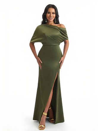 Women's Asymmetrical Mermaid Soft Satin Long Formal Dresses Side Slit