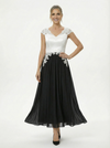 Elegant Black And White Chiffon V-Neck A-Line Cap Sleeves Ankle-Length Mother Of The Bride Dresses