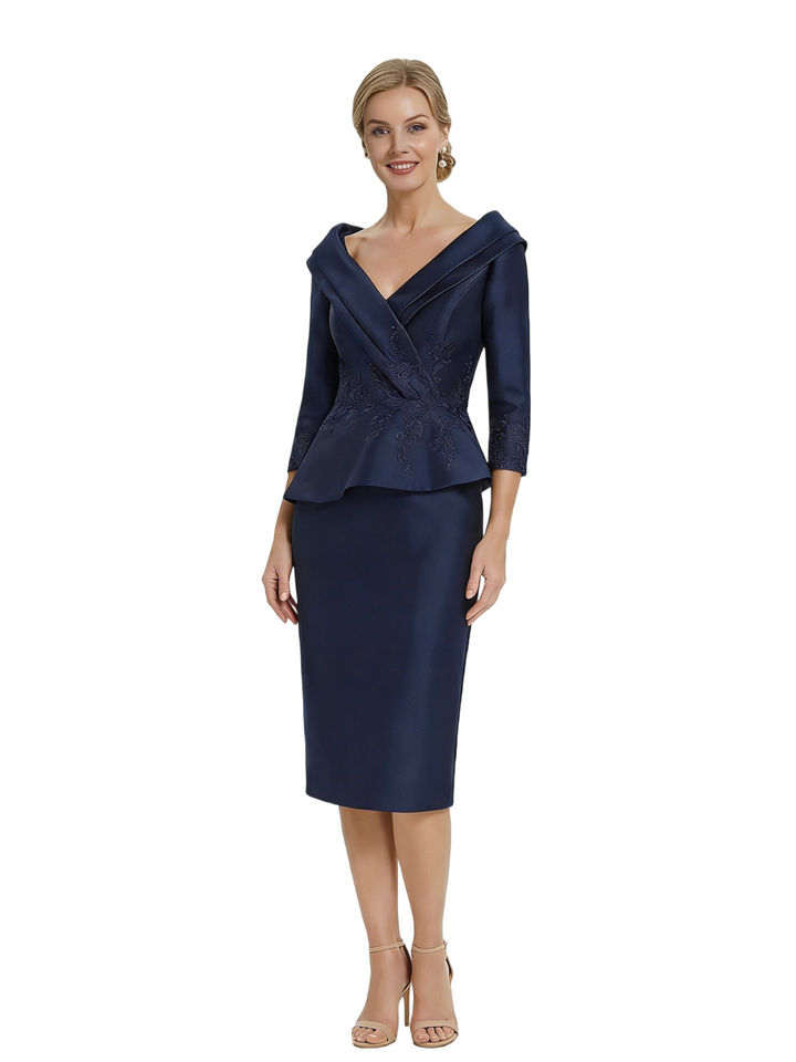 Chicsew V-Neck 3/4 Sleeve Midi Length Lace Satin Classy Mother of the Bride Dresses