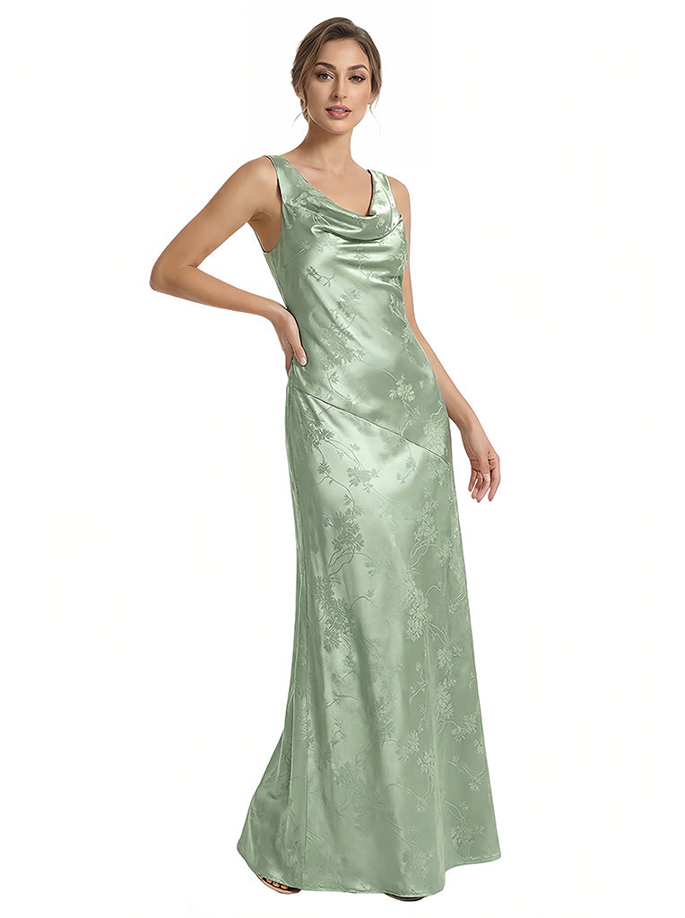Elegant Jacquard Satin Cowl Sleeveless Sheath Long Formal Evening Dresses